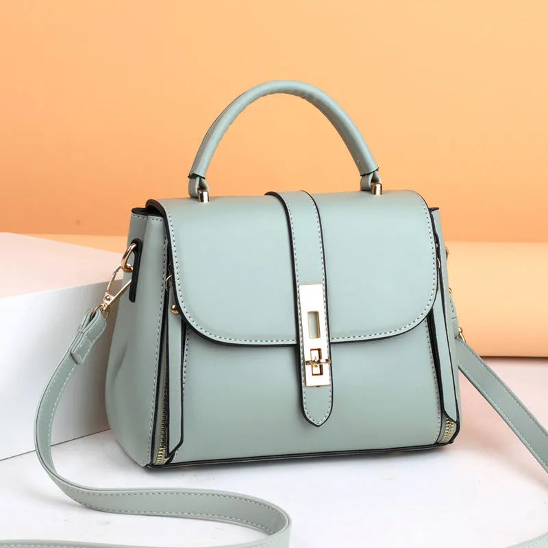 Soft PU leather women's messenger bag in a square vertical shape, shown in one of four colour options.