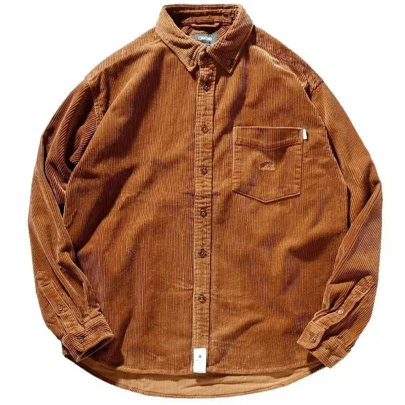 Long sleeve loose shirt in polyester corduroy fabric with caramel colour option