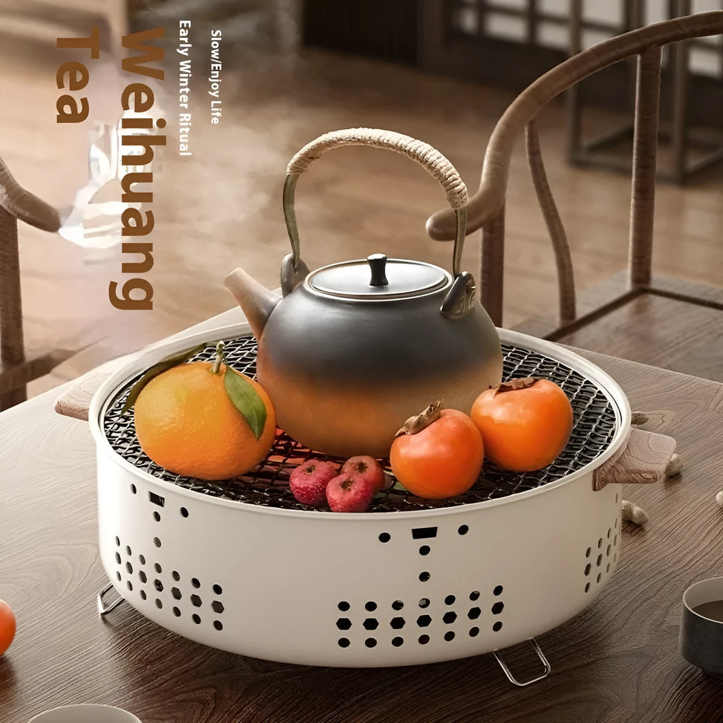 Portable charcoal cooking stove with grill rack disk for indoor and outdoor use.
