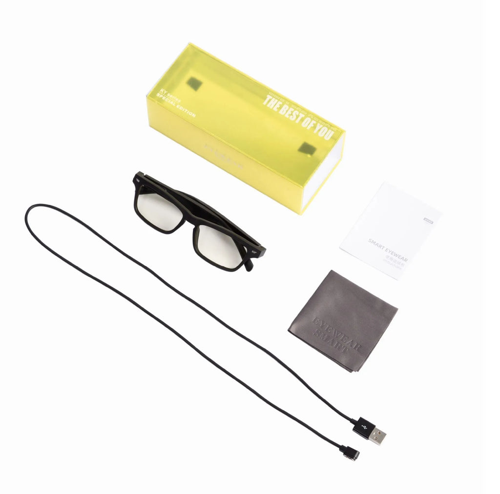 Smart Bluetooth glasses with open-ear speakers built into the temples, shown with a polarised lens option.
