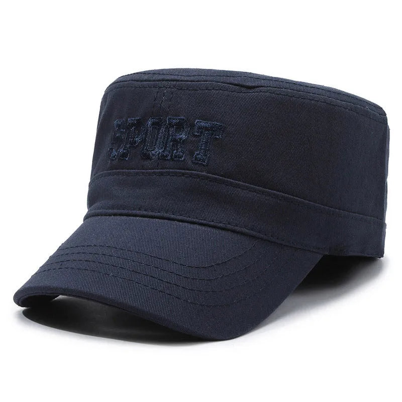 Men's flat-top dome peaked cap in cotton fabric on an adjustable strap, shown in khaki colour.