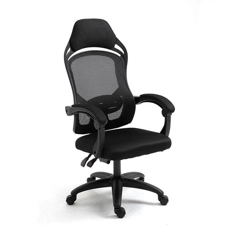 Black and white rotating office gaming chair with reclining backrest and linkage armrests