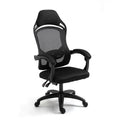 Black and white rotating office gaming chair with reclining backrest and linkage armrests