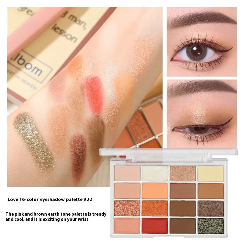 Crouching Silkworm 16-colour eyeshadow palette showing pink and brown shimmer and matte shades