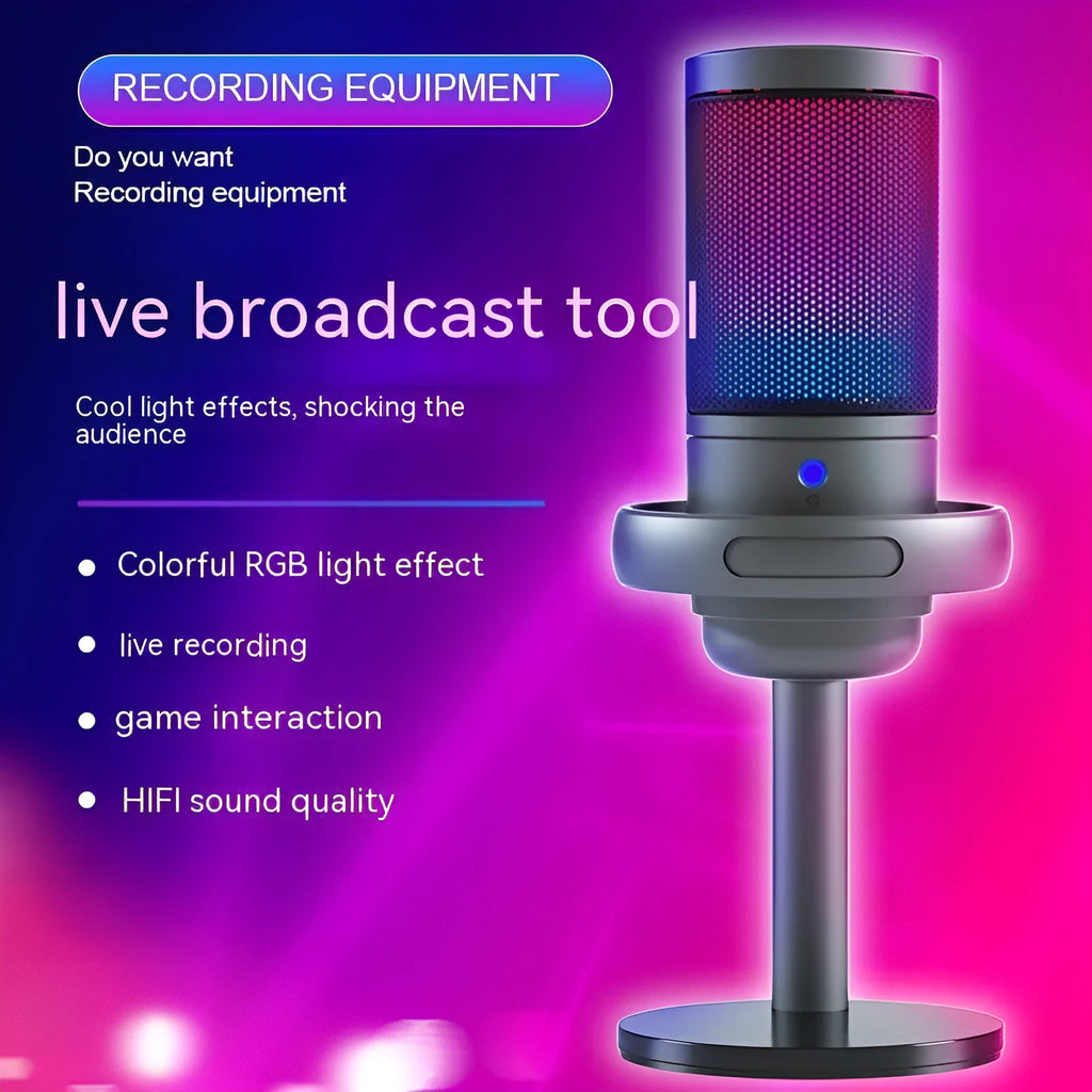 USB condenser microphone with RGB lighting for live broadcast in black, white or pink