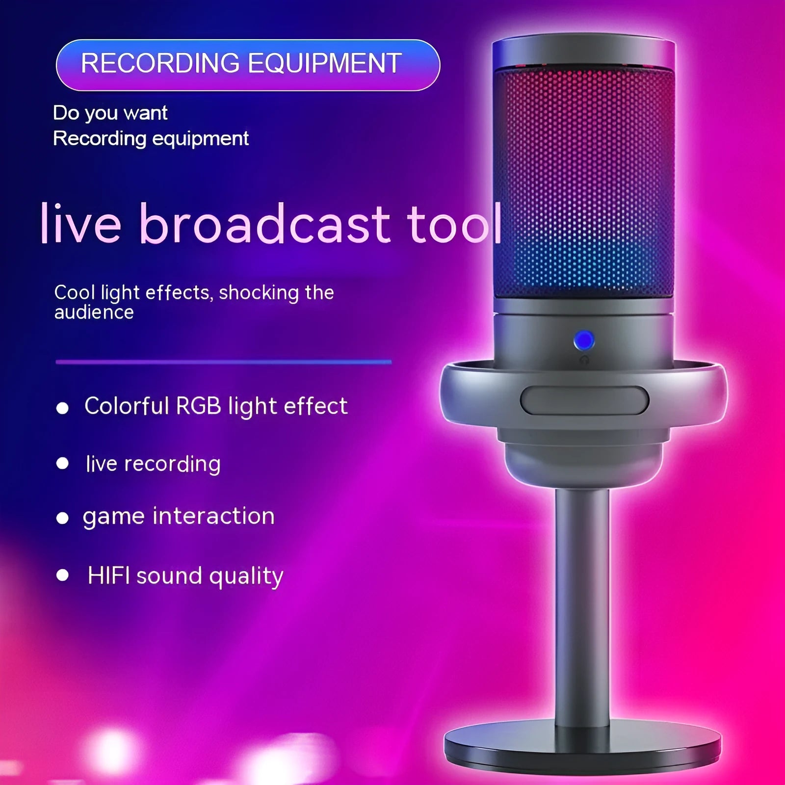 USB condenser microphone with RGB lighting for live broadcast in black, white or pink