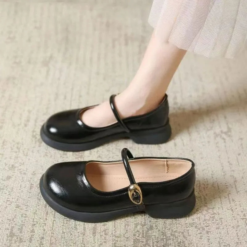Flat fairy style leather shoes with wedge heel, round toe, and skull pattern in multiple colours