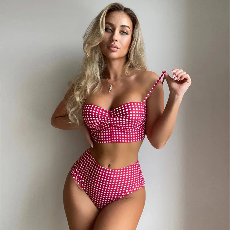 High-waist plaid bikini swimsuit set for women in rose red, shown with separate top and briefs.
