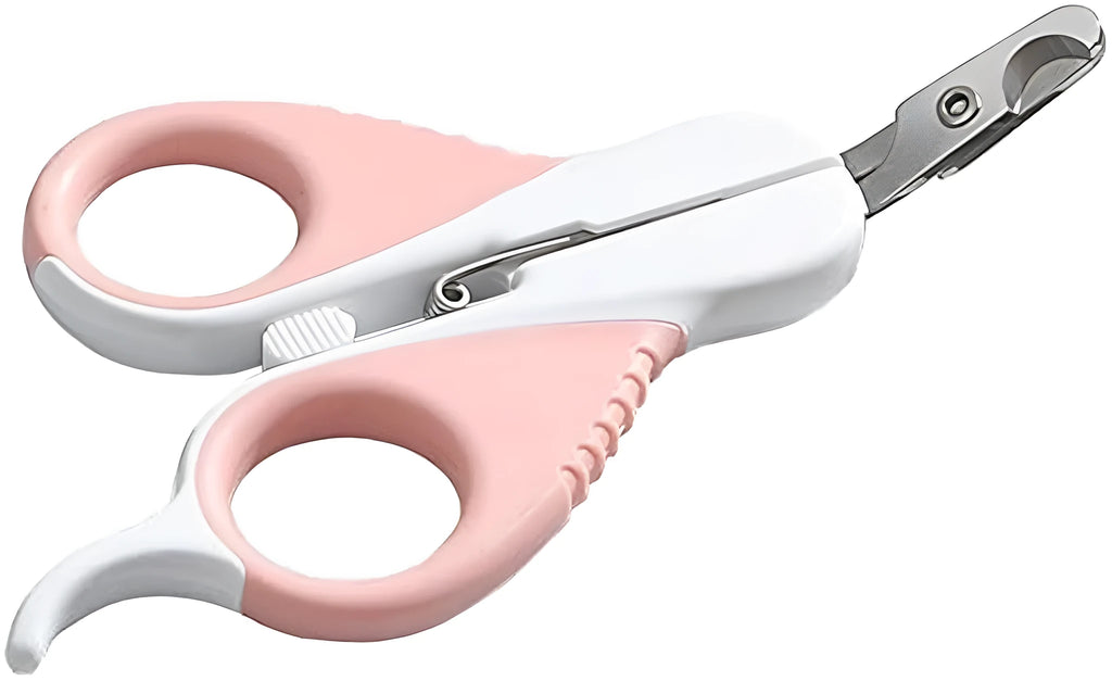 Grey and pink cat nail clippers with safety guard and angled blade for small pets