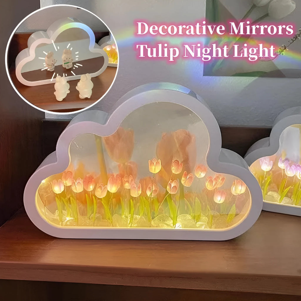 DIY tulip-shaped night lamp with LED light and decorative mirror in multiple colour options