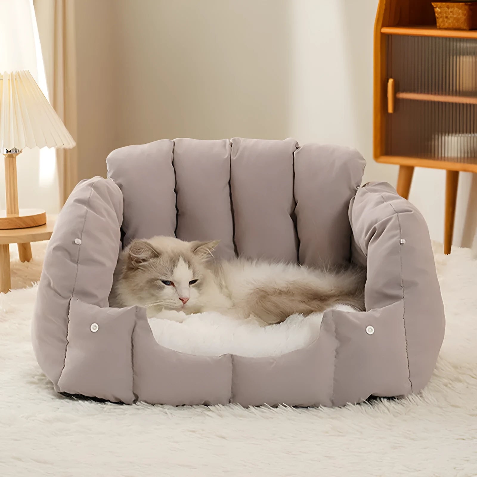 Grey dual-purpose arched cat nest shown as both an enclosed pet bed and an open sofa-style bed.