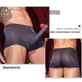 Men's black striped nylon boxer briefs laid flat, showing high-elastic fabric and design.