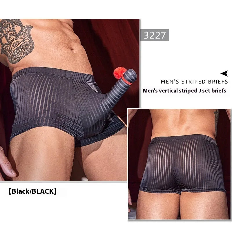 Men's black striped nylon boxer briefs laid flat, showing high-elastic fabric and design.