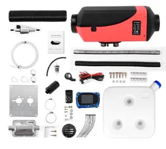 Red and black diesel air heater unit with oil pump, fuel tank, and installation components for vehicle cabin heating.