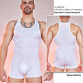 Men's lightweight nylon jumpsuit with wide vertical stripes in black, shown in a free size fit.