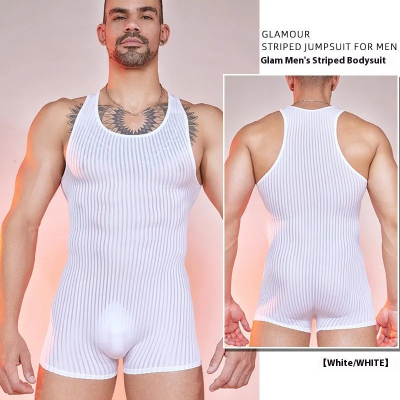 Men's lightweight nylon jumpsuit with wide vertical stripes in black, shown in a free size fit.