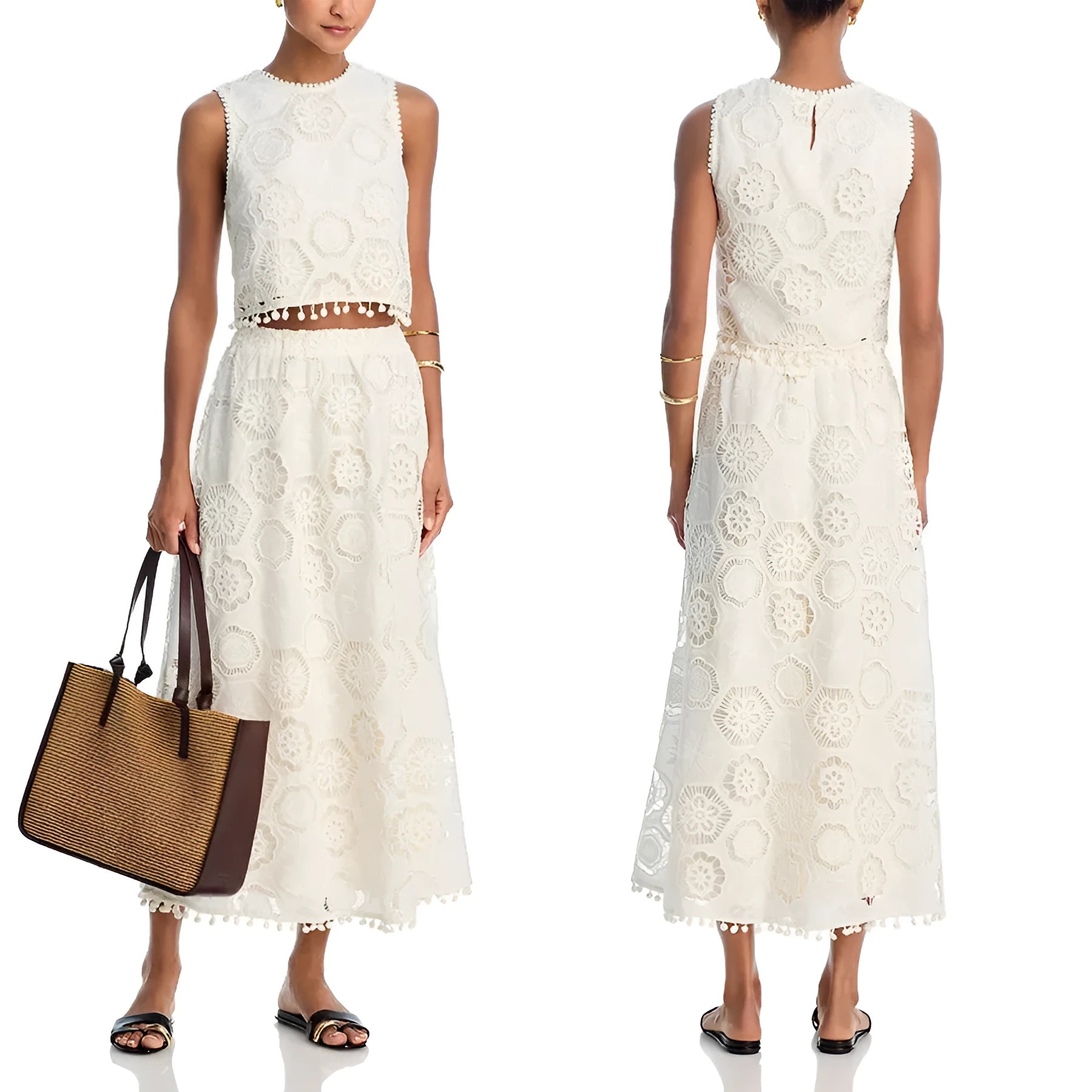 White women's two-piece suit with sleeveless top and embroidered long skirt