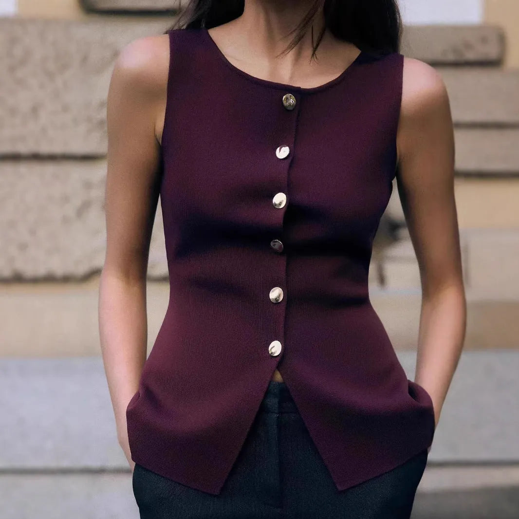 Women's dark red viscose sweater vest cardigan with gold buttons and 3D pattern, slim fit sleeveless design