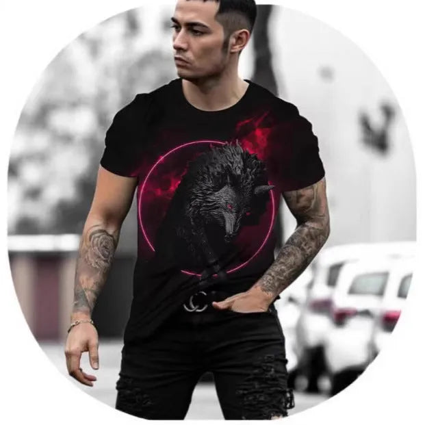 Retro 3D animal print on a men's short-sleeved light blue T-shirt made from polyester bird eye cloth.