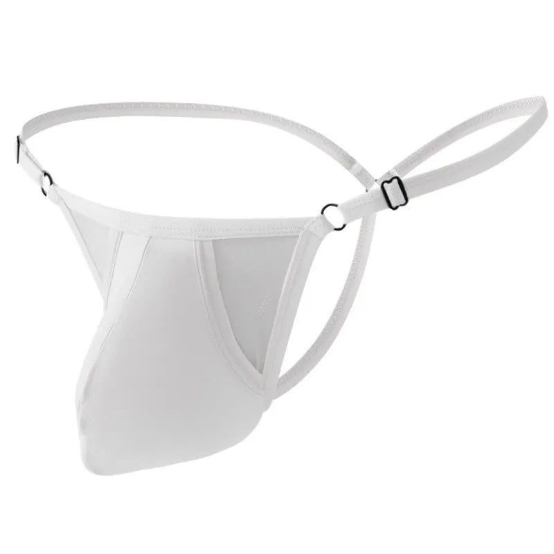 Men's ice silk T-back underwear with geometric pattern and adjustable thin straps in multiple colour options