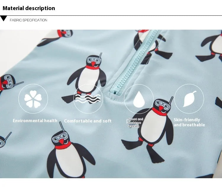 Boys' blue penguin print swim set with long sleeve swimsuit and matching swimming cap