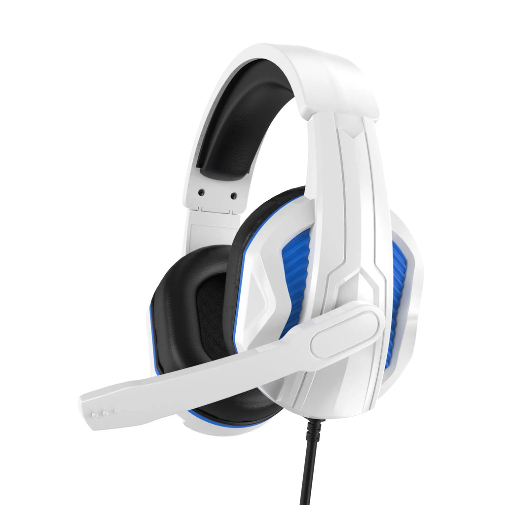 White and blue wired gaming headset with microphone, 40mm driver, 3.5mm plug, and PVC cable
