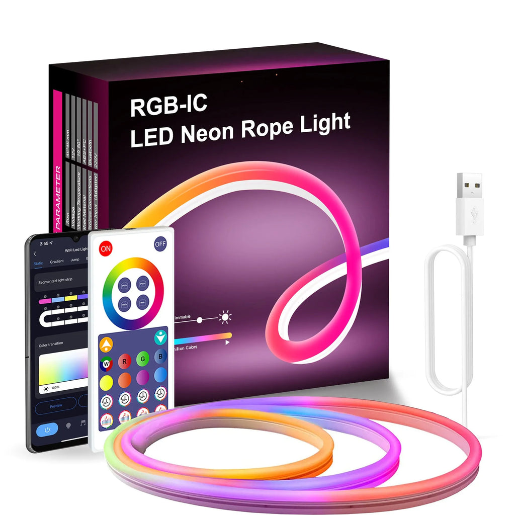 3-metre USB-powered neon LED strip lights with Bluetooth and WiFi control for indoor colour-changing lighting