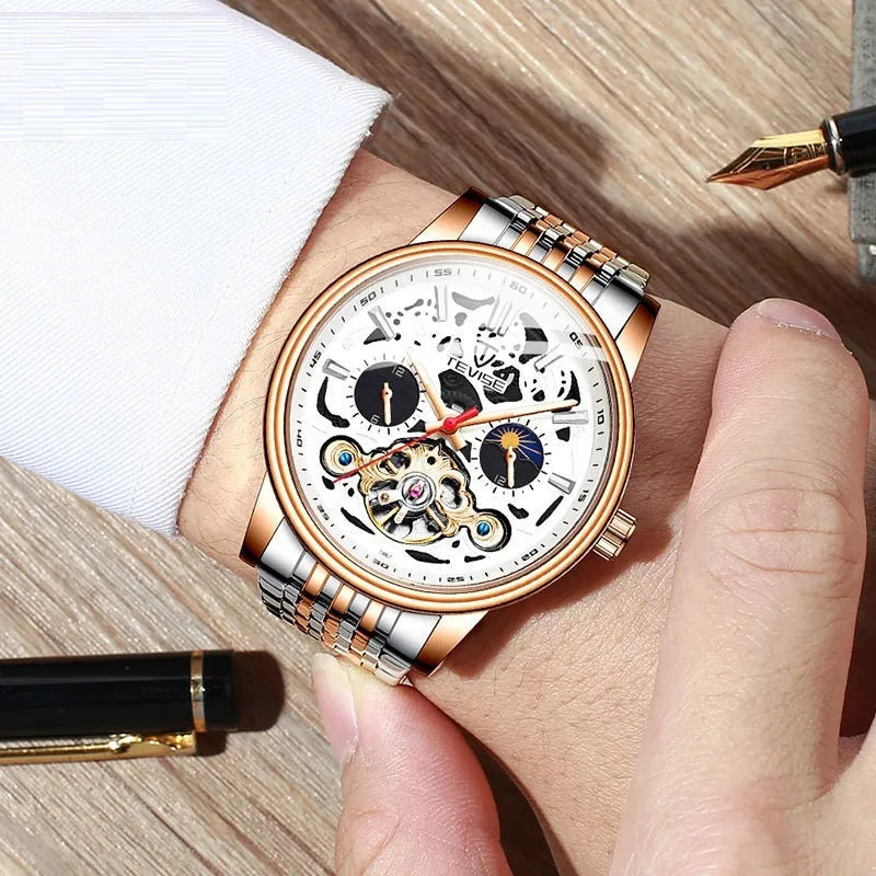 Men's fashion tourbillon watch with luminous hands on a leather strap, showing a black case.