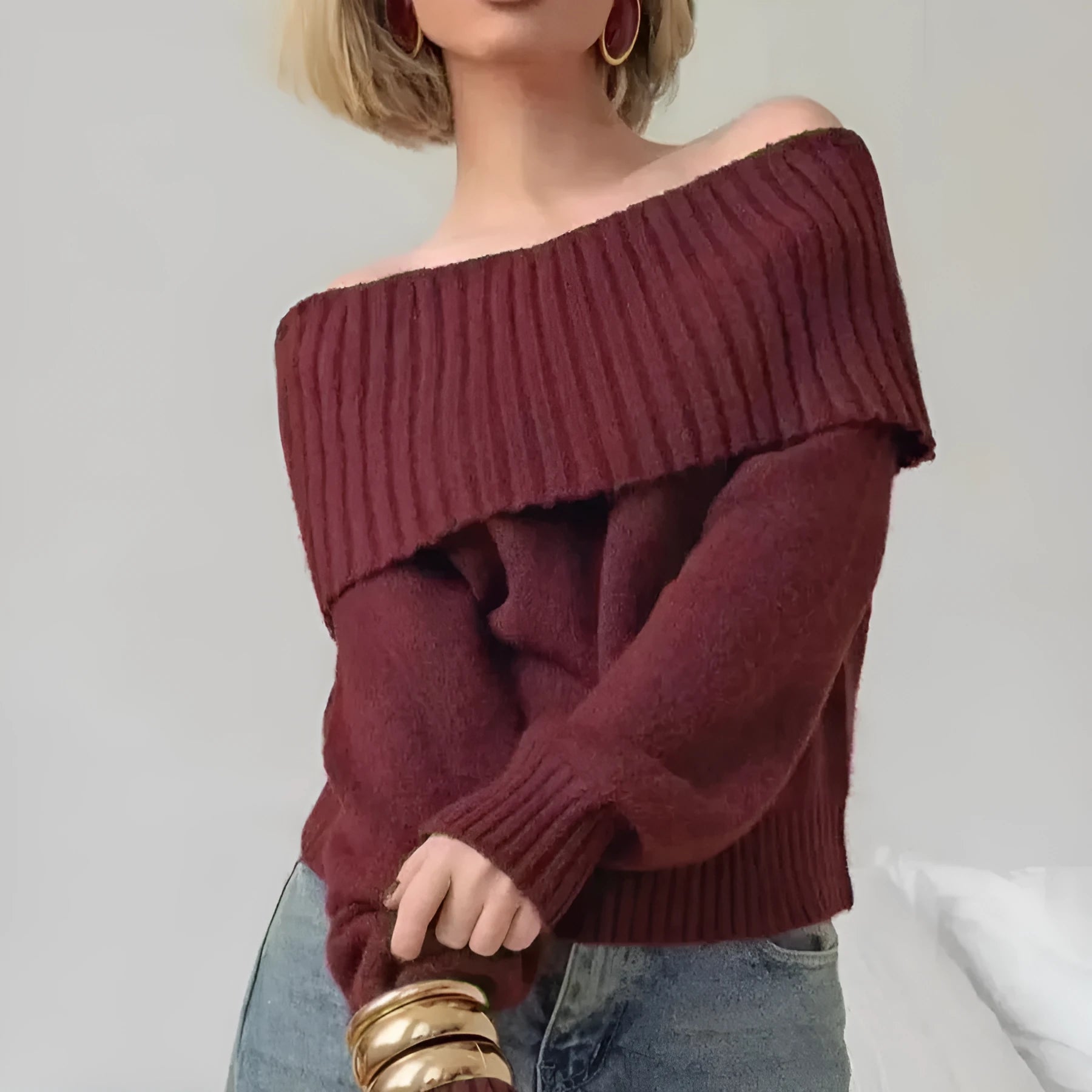 Off-the-shoulder women's sweater with 3D pattern in grey, white, or wine red colour options