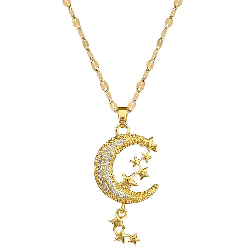 Stainless steel necklace with a geometric moon pendant and tassel chain detail.