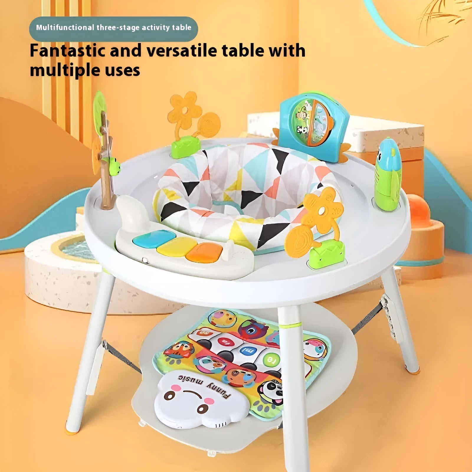 Baby jumping chair with interactive toys in plastic construction for infant development training