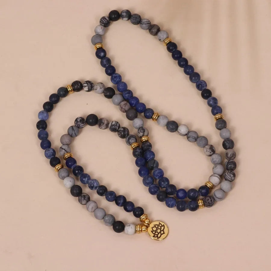 Blue patterned network stone bead multi-layer bracelet with alloy components