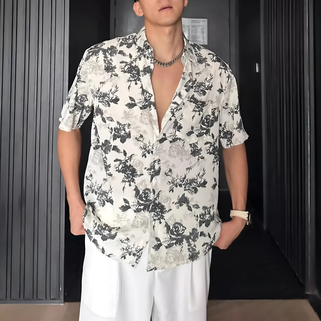 Printed floral pattern short sleeve shirt in loose cardigan style