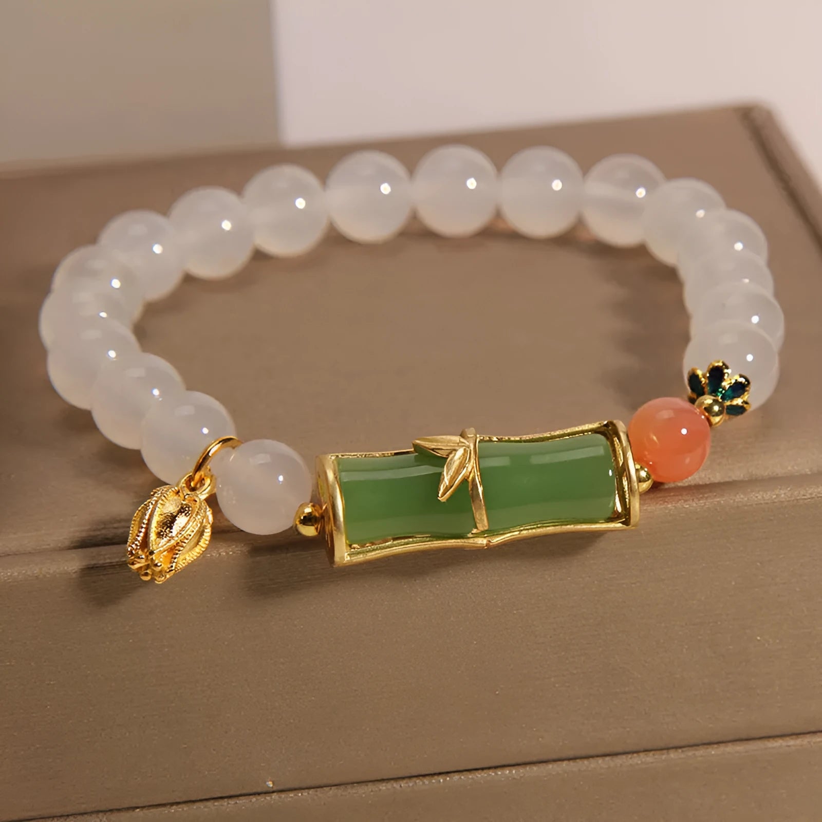 White agate jasper and jade bamboo beaded bracelet in traditional Chinese style for women