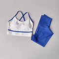 Women's blue and white quick drying yoga pants and sports bra set for running and cycling