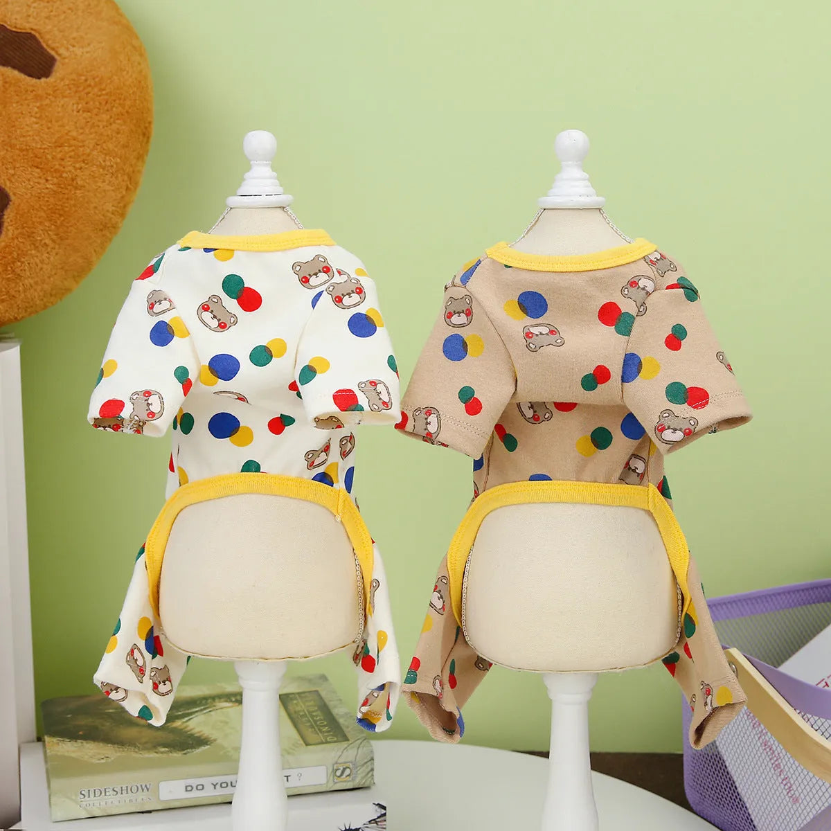 Dog wearing colourful ball bear costume in beige cotton spandex blend fabric