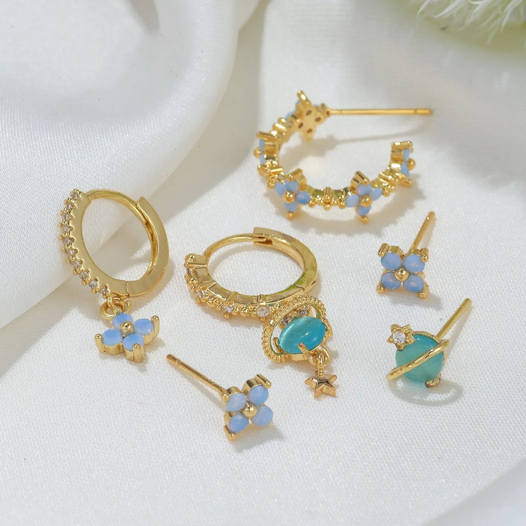 Japanese Korean style flower earrings with blue protein nail design and zircon accents in gold or silver colour