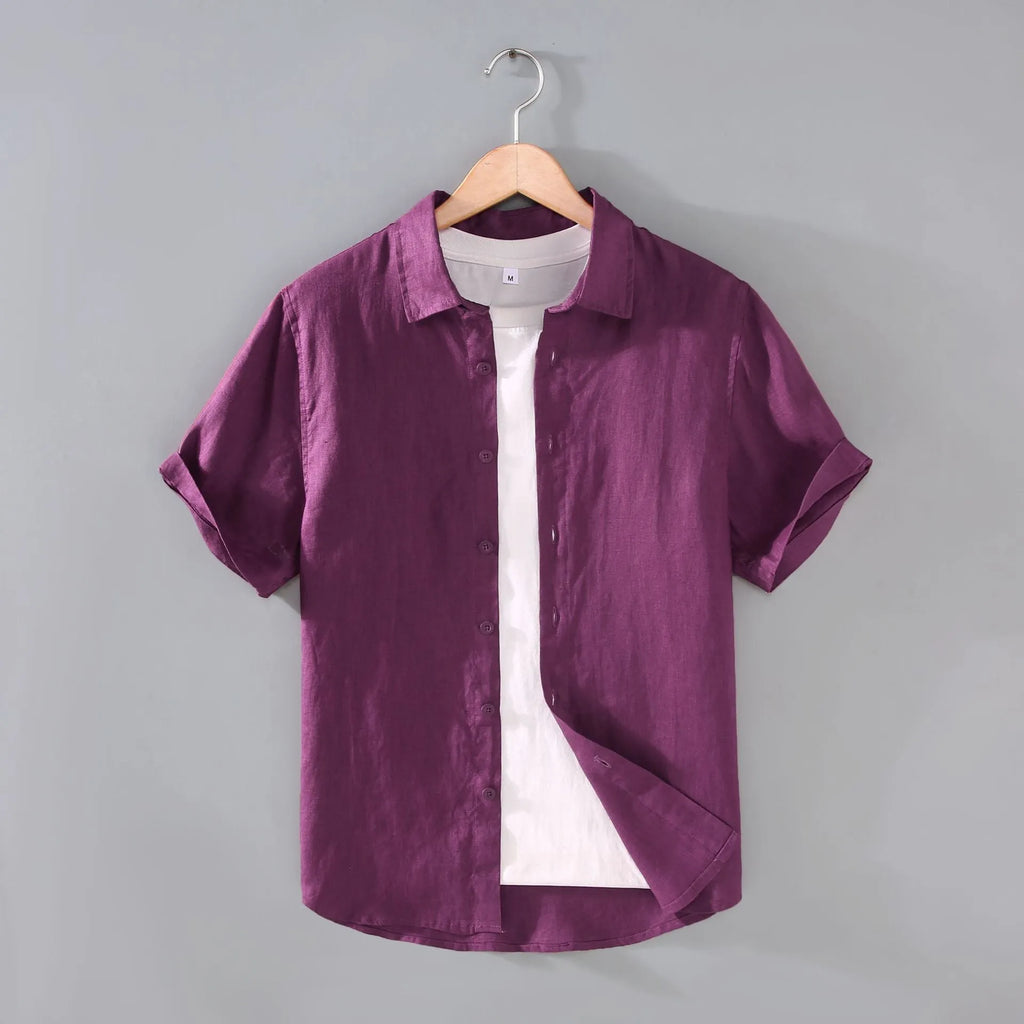 Men's youth casual short-sleeved linen shirt in a cardigan style, shown in one of seven available colours.