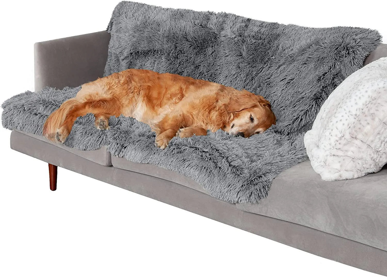 Plush waterproof dog cushion in grey colour showing double-layer thickness