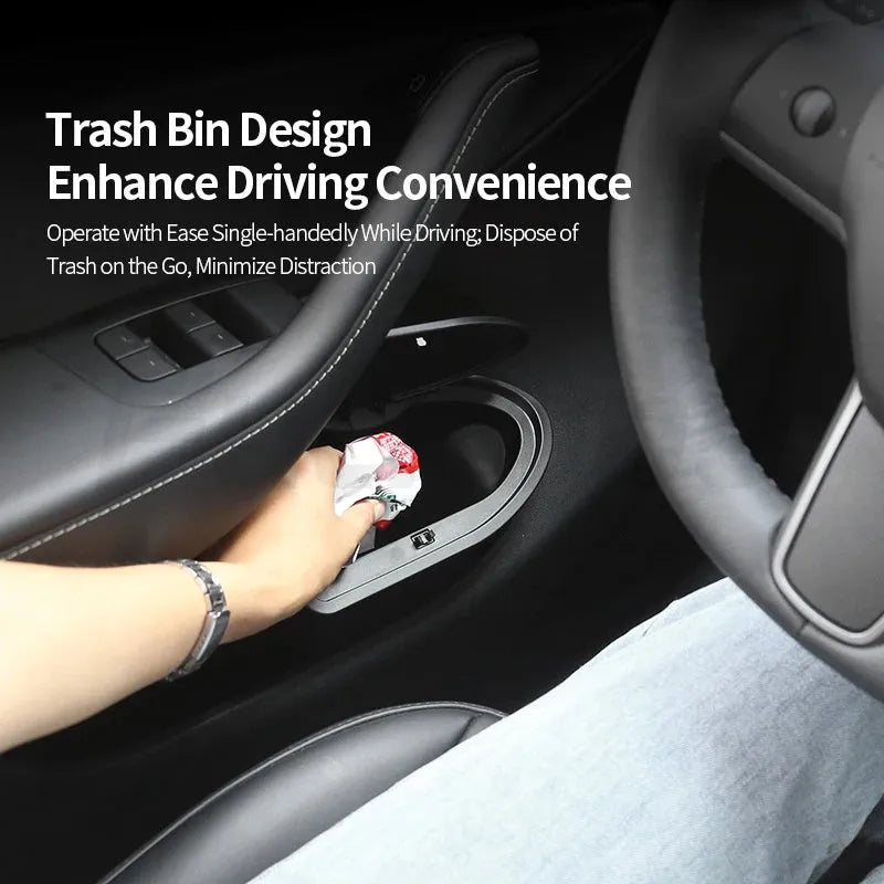 Two black ABS plastic car door trash cans designed for Tesla Model Y front door pockets.