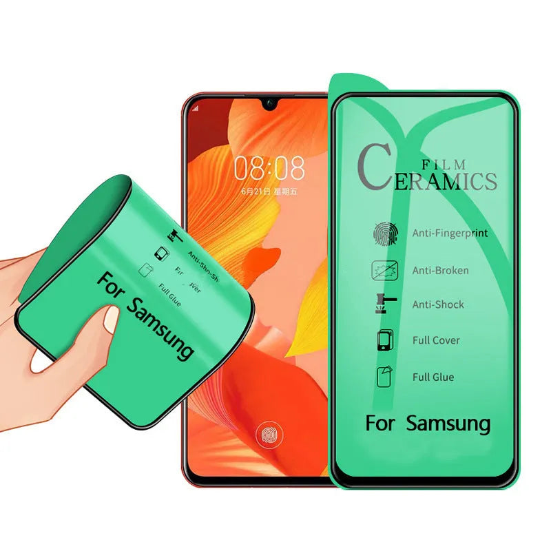 Toughened glass screen protector for Samsung phones with privacy, matte, HD, and ceramic film options.