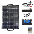 Black 40W solar folding bag charger showing folded dimensions and single crystal panel technology