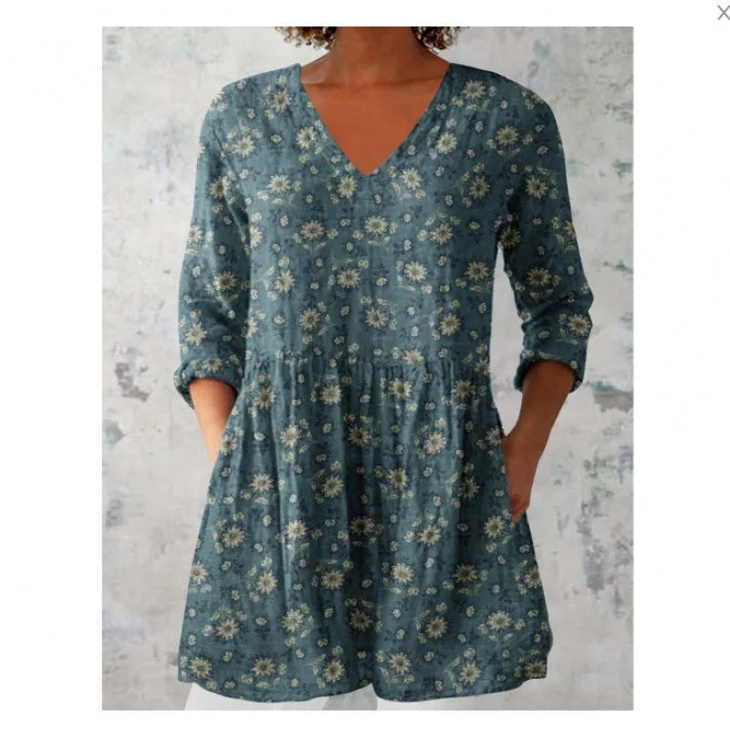 Women's printed wave pattern loose dress with 3/4 sleeves and wide waist