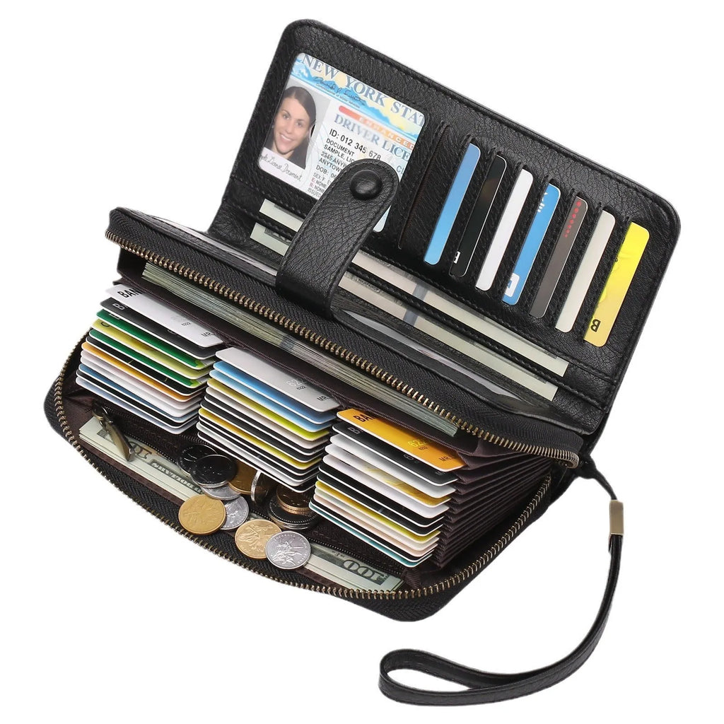 Women's expanding long wallet in light blue with card slots, passport pocket, and anti-theft swiping feature.