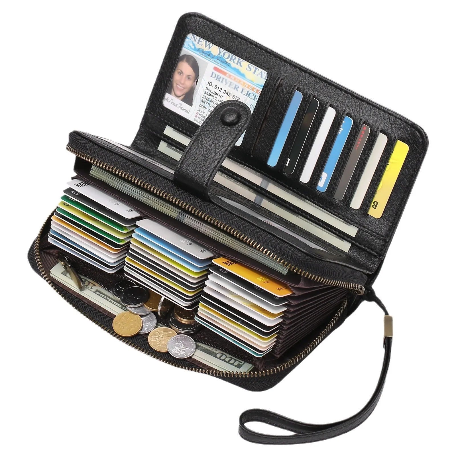 Women's expanding long wallet in light blue with card slots, passport pocket, and anti-theft swiping feature.
