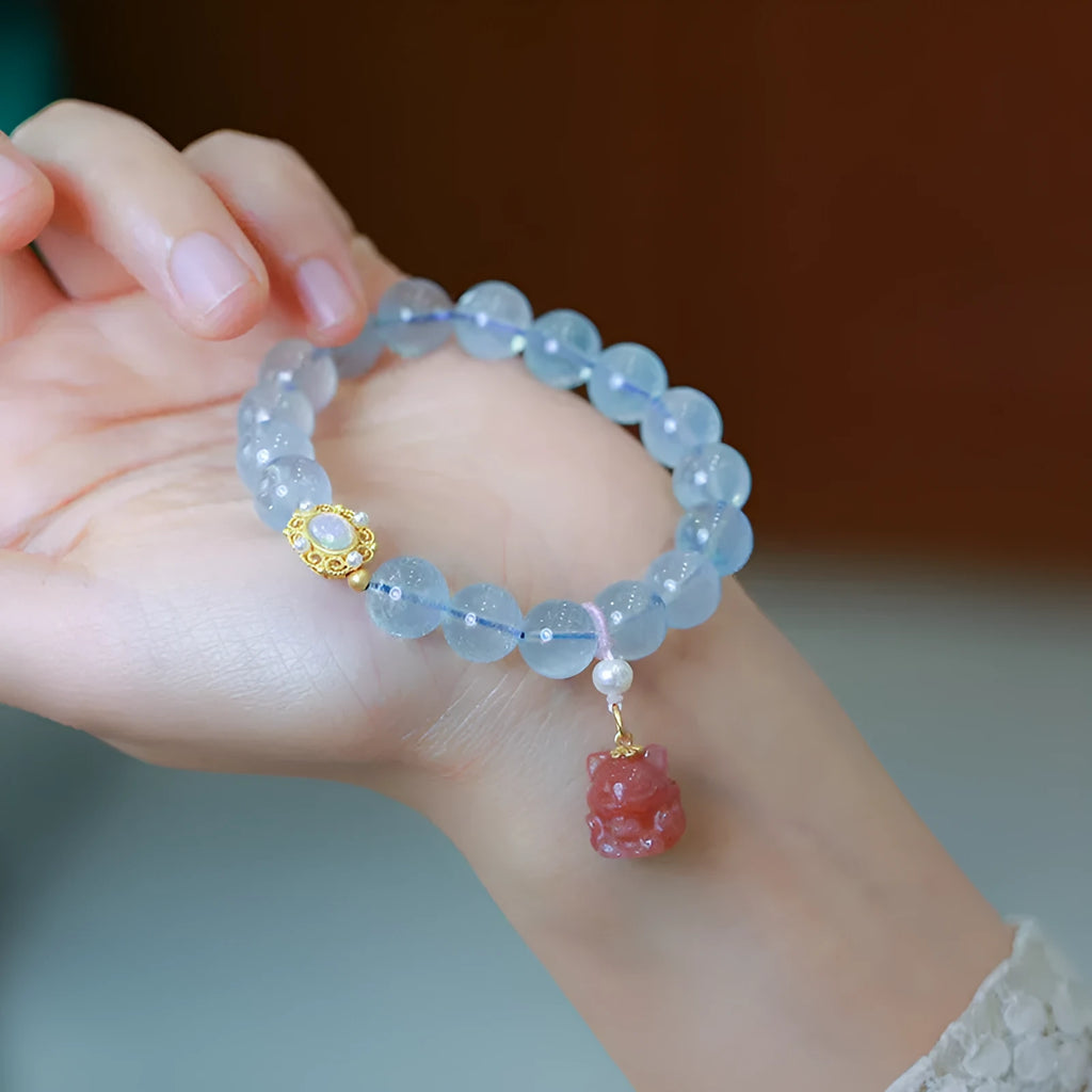 Women's aquamarine Fengjiu DIY bracelet with pink crystal fastening, Chinese style design