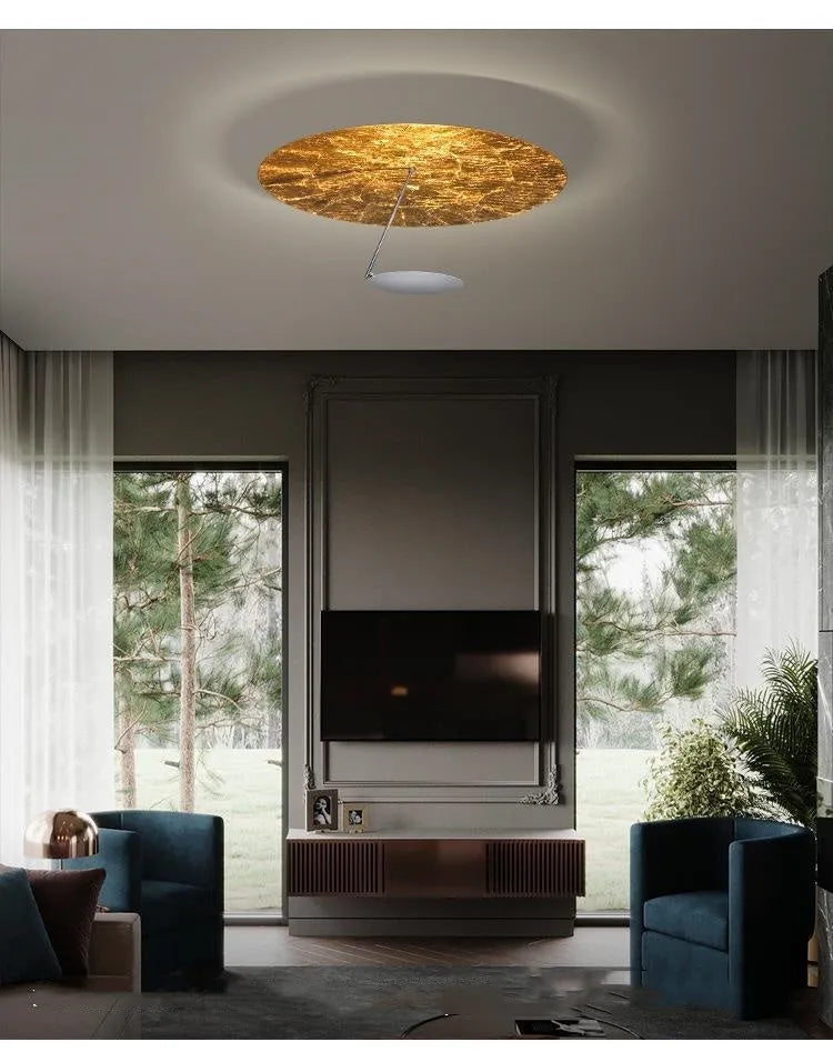 Iron ceiling lamp with a 50cm diameter in a white or white gold finish, showing integrated LED warm lights.