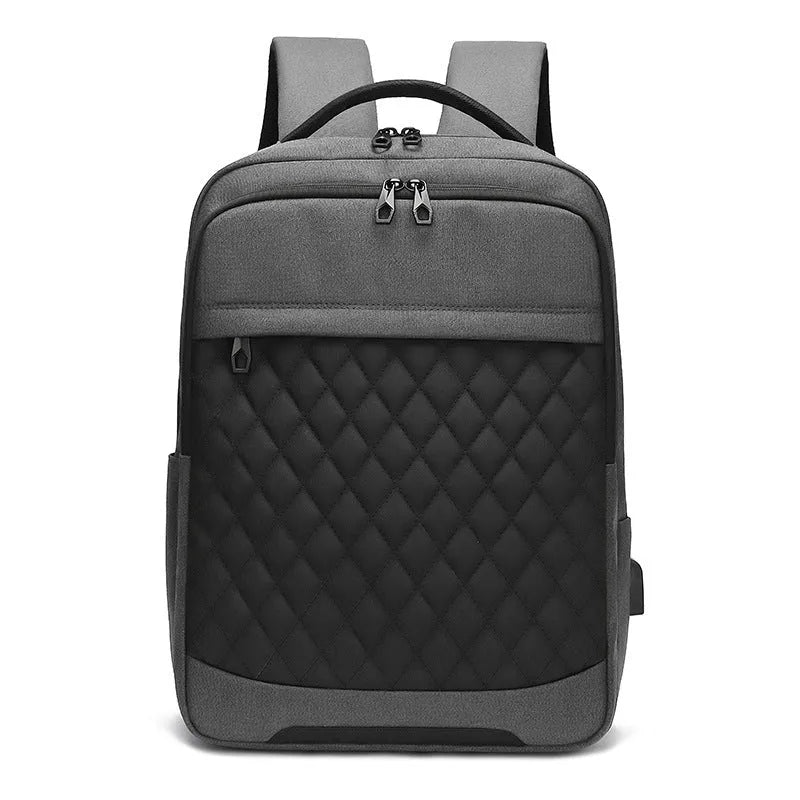 Men's Oxford cloth backpack in black, blue, or grey with curved straps and diamond mesh panels