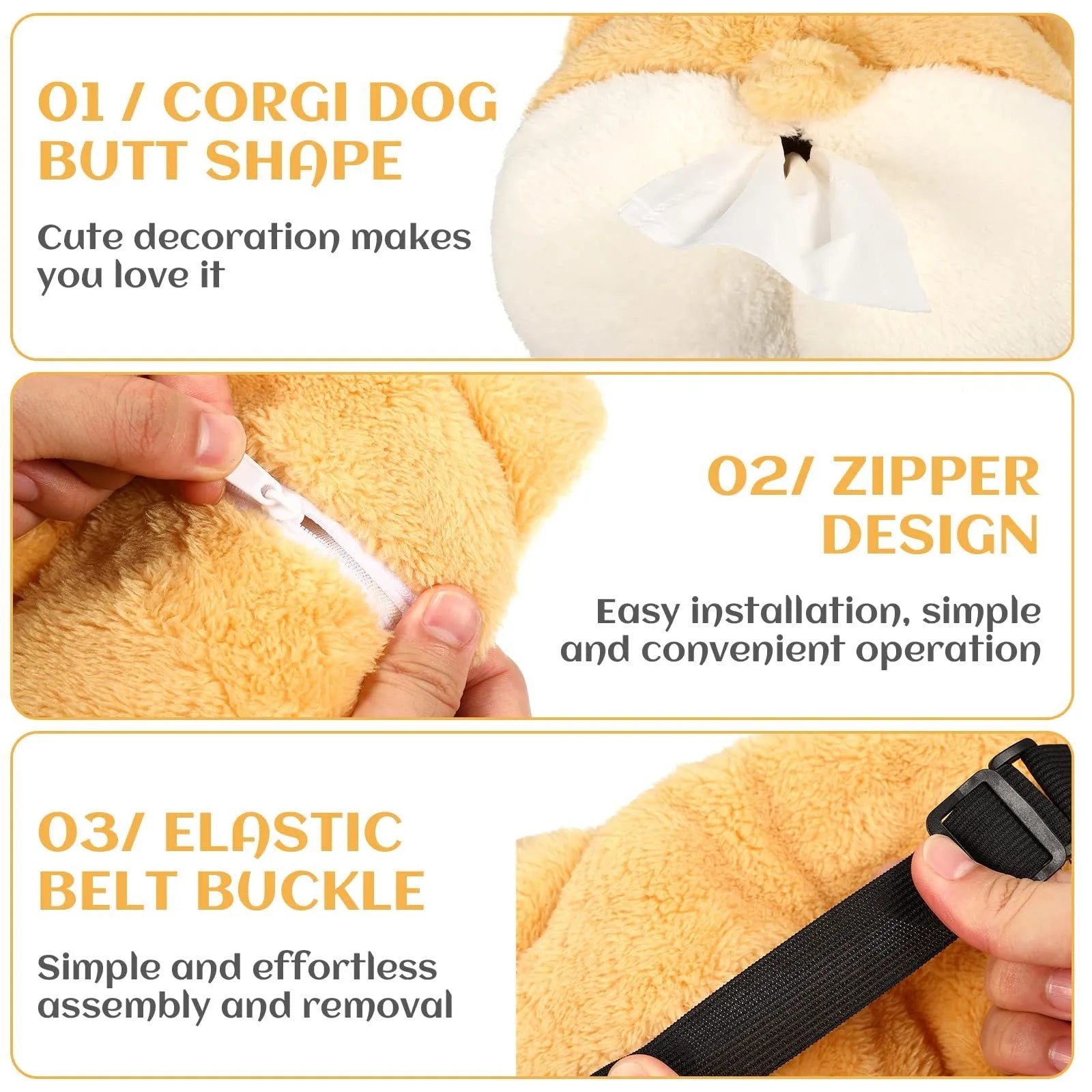 Yellow corgi butt shaped tissue box cover with elastic strap for car visor mounting