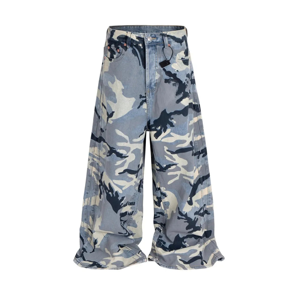 Snow camouflage blue men's and women's jeans with loose fit and micro-elastic stretch